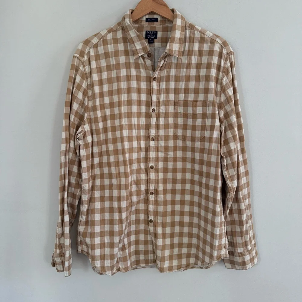 J. Crew Men’s Double Weave Tan and White Checkered Shirt, Size XL